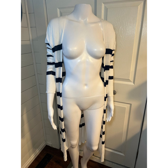 MudPie White Striped Light Weight Duster Cardigan Sweater - Picture 4 of 5